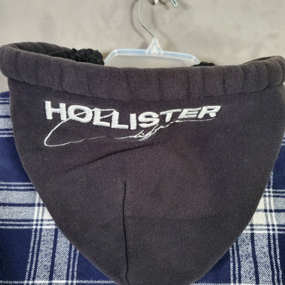 Hollister Shacket Mens S Blue Plaid Hooded Stitched Sherpa Lined Snap Grunge Y2K - Picture 5 of 11